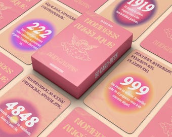 May include: A pink and white deck of angel number cards with a pink box. The box has the text "Nombres Angelique" and "50 Card-Deck". The cards have different numbers and messages. The numbers on the cards are 222, 999, 4848, and 1919.