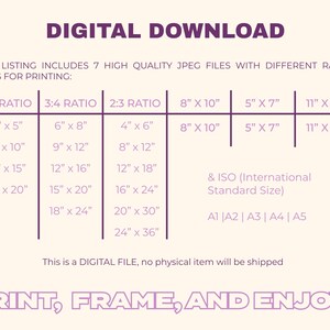 May include: A digital download listing for printable art prints in various sizes. The listing includes 7 high-quality JPEG files with different aspect ratios: 4:5, 3:4, and 2:3. The sizes range from 4 inches by 5 inches to 24 inches by 36 inches. The listing also includes standard sizes like 8 inches by 10 inches, 5 inches by 7 inches, and 11 inches by 14 inches. The text "PRINT, FRAME, AND ENJOY!" is at the bottom of the image.