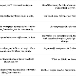 Puede incluir: Un p&oacute;ster motivacional con 10 citas inspiradoras en texto negro sobre fondo blanco. Las citas est&aacute;n dispuestas en dos columnas de cinco citas cada una.