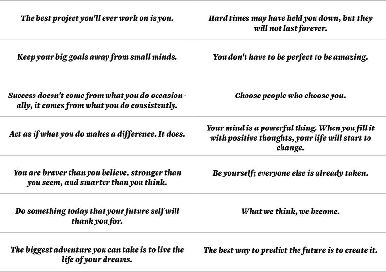 Puede incluir: Un p&oacute;ster motivacional con 10 citas inspiradoras en texto negro sobre fondo blanco. Las citas est&aacute;n dispuestas en dos columnas de cinco citas cada una.