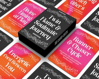 May include: A black box with white text that reads "Twin Flame & Soulmate Journey 56 Card Deck" and a pink and orange card with white text that reads "Runner & Chaser Cycle" with a floral design. One pursues, the other withdraws. This cycle will continue until healing occurs.