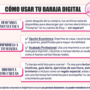 May include: A pink and white graphic with instructions on how to use a digital deck of cards. The text includes steps for downloading, printing, and enjoying the cards. The AndgArtistore logo is in the upper right corner.