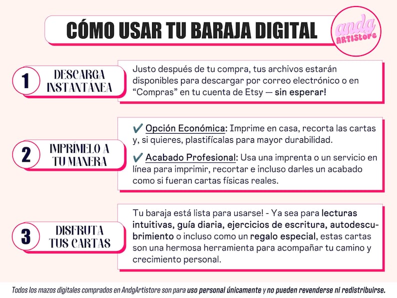 May include: A pink and white graphic with instructions on how to use a digital deck of cards. The text includes steps for downloading, printing, and enjoying the cards. The AndgArtistore logo is in the upper right corner.