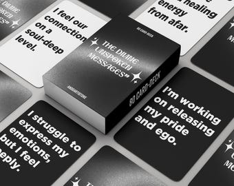 May include: A deck of 80 cards with black and white text on a black background. The text on the cards reads "The Divine Unspoken Messages" and "80 Card-Deck". The cards are part of a deck of affirmation cards.
