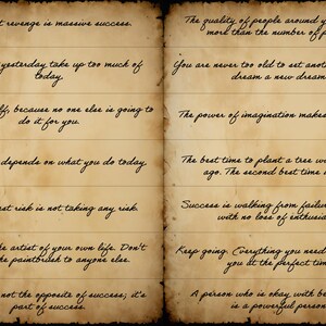 vintage affirmation journal with ink pen and bottle. daily affirmations printed on aged, vintage-style paper.
Multilingual affirmation cardsJunk journal aesthetic with inspirational quotes on antique-style paper.
Printable affirmation notes