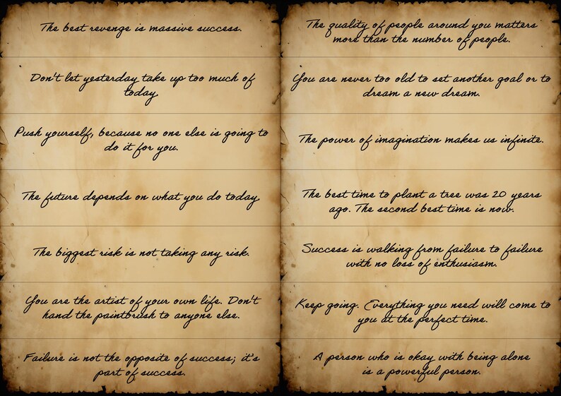 vintage affirmation journal with ink pen and bottle. daily affirmations printed on aged, vintage-style paper.
Multilingual affirmation cardsJunk journal aesthetic with inspirational quotes on antique-style paper.
Printable affirmation notes