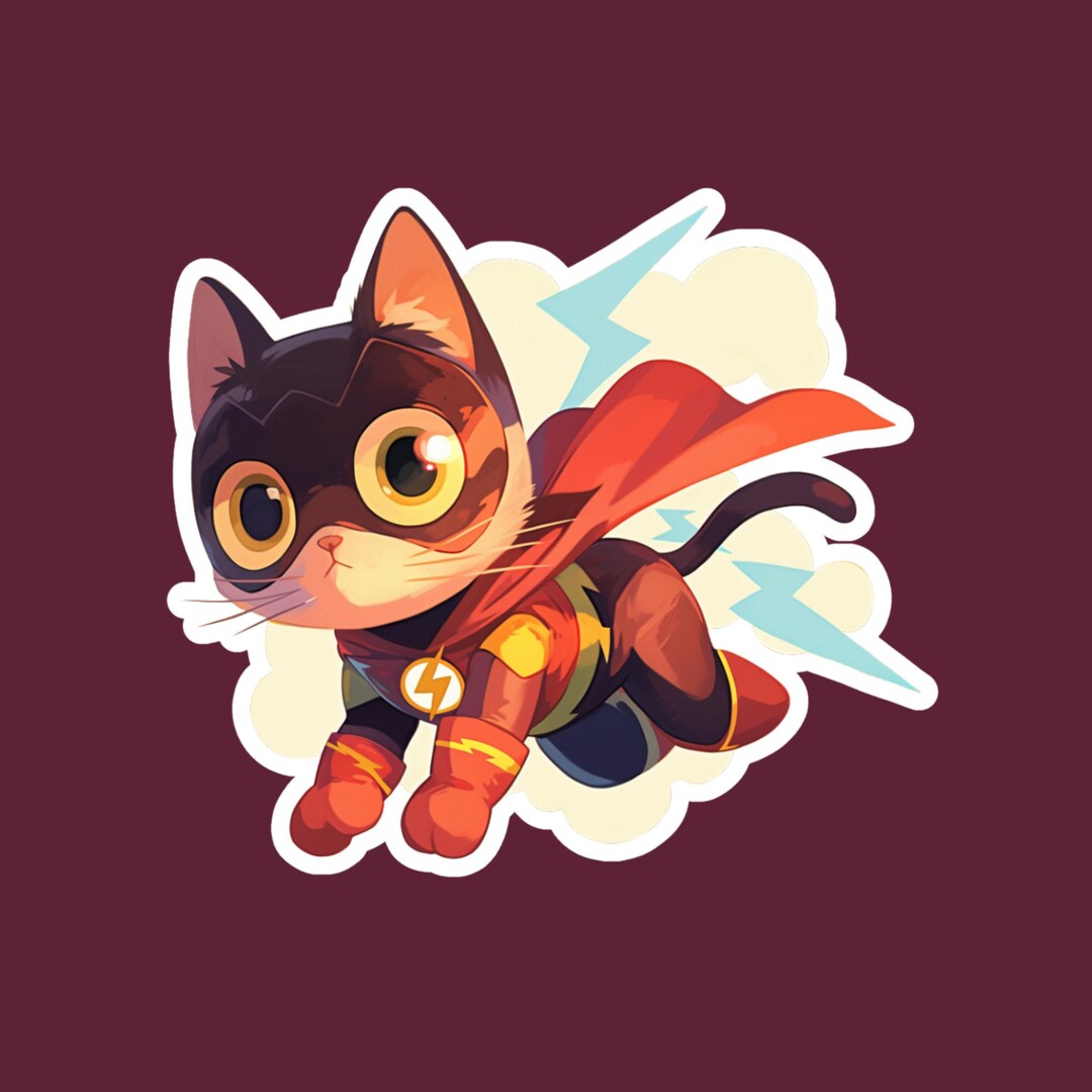 Cat as Flash Superhero Sticker: Waterproof Vinyl, Glossy or Holographic ...