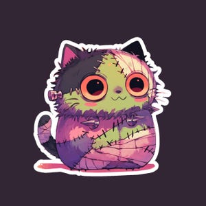 Frankentein Cat Sticker, Whisker Cat Halloween Sticker, Cat in Frankentein Costume Vinyl Sticker, Waterproof sticker for laptop, kindle