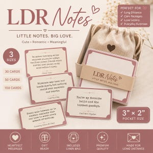 May include: A set of LDR Notes cards measuring 3 inches by 2 inches, featuring printed romantic messages on cream-colored paper with mauve borders. The set includes a beige linen drawstring bag with a small dark heart icon printed on the front.