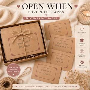 May include: A set of brown kraft paper envelopes labeled Open When Love Note Cards, featuring various prompts like You Wish I Was There, You Need A Hug, You Can't Stop Thinking About Me, You Miss My Smile, and You Want To Hear My Voice.