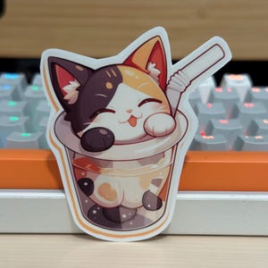 Cute Cat Boba Milk tea Sticker, Boba Lover Decal, Waterproof Milk tea Sticker, Boba Sticker, Cat and Boba Sticker, Cute Cat, Kawaii Boba
