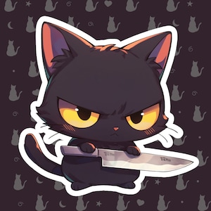 Black Cat with Knife Sticker: Waterproof Glossy Holographic Decal