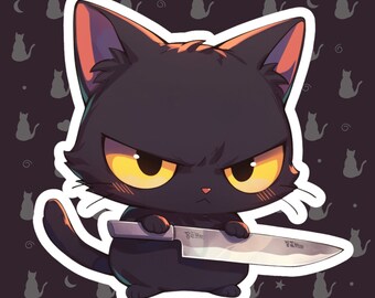 Black Cat with Knife Sticker: Waterproof Glossy Holographic Decal