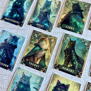 12 Zodiac Cat Stickers Set – Glossy or Holographic Astrology Pack | Celestial Cat Sticker Collection | Astrology Lover Gift, Cat Sticker set