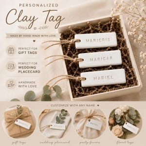 May include: Three rectangular white clay tags with jute twine loops, each embossed with the names MARICRIS, MARICAR, and MARIEL. The tags are nestled in a box with brown paper filler, accompanied by smaller circular images showing usage examples.