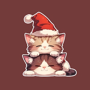 Merry Whiskers Sticker, Cute Cat in Santa Hat Vinyl Decal for Laptop, Water bottle and Car Sticker, Waterproof
