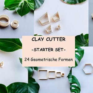 Könnte beinhalten: Eine Sammlung von cremefarbenen Ton-Ausstechern in verschiedenen geometrischen Formen, darunter Kreise, Dreiecke und Quadrate. Der Text "CLAY CUTTER - STARTER SET - 24 Geometric Forms" ist zu sehen, umgeben von grünen Blättern.