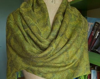 Handwoven Hand Dyed Green, Black and Gold  Patterned Silk Wrap/Scarf