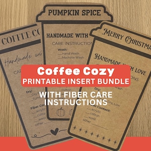 May include: Three brown paper-style tags shaped like coffee cups with black text. The tags feature headings including Pumpkin Spice, Coffee Co, and Merry Christmas, along with printed sections for care instructions, fibre content, and checkboxes.