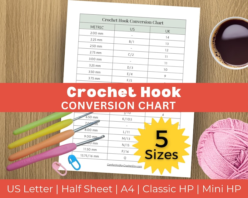 Crochet Hook Size Chart Printable | US UK Metric Conversion Chart ...