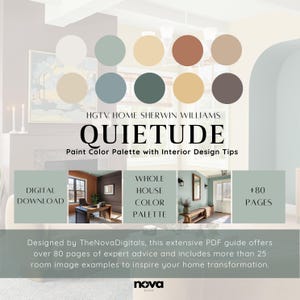 Puede incluir: Una descarga digital para una paleta de colores de pintura llamada "Quietude" con consejos de dise&ntilde;o de interiores. La paleta presenta 9 colores en tonos beige, marr&oacute;n, verde y azul. La imagen tambi&eacute;n muestra una habitaci&oacute;n de muestra con una chimenea y un banco de madera.