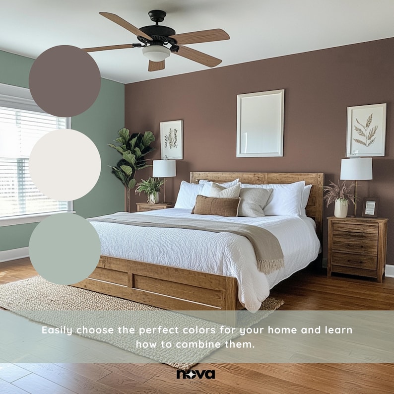 Puede incluir: Un dormitorio con una cama de madera, ropa de cama blanca y una pared marr&oacute;n. La pared est&aacute; pintada en tres tonos diferentes de marr&oacute;n, verde y blanco. La imagen incluye el texto "Easily choose the perfect colors for your home and learn how to combine them. nova"