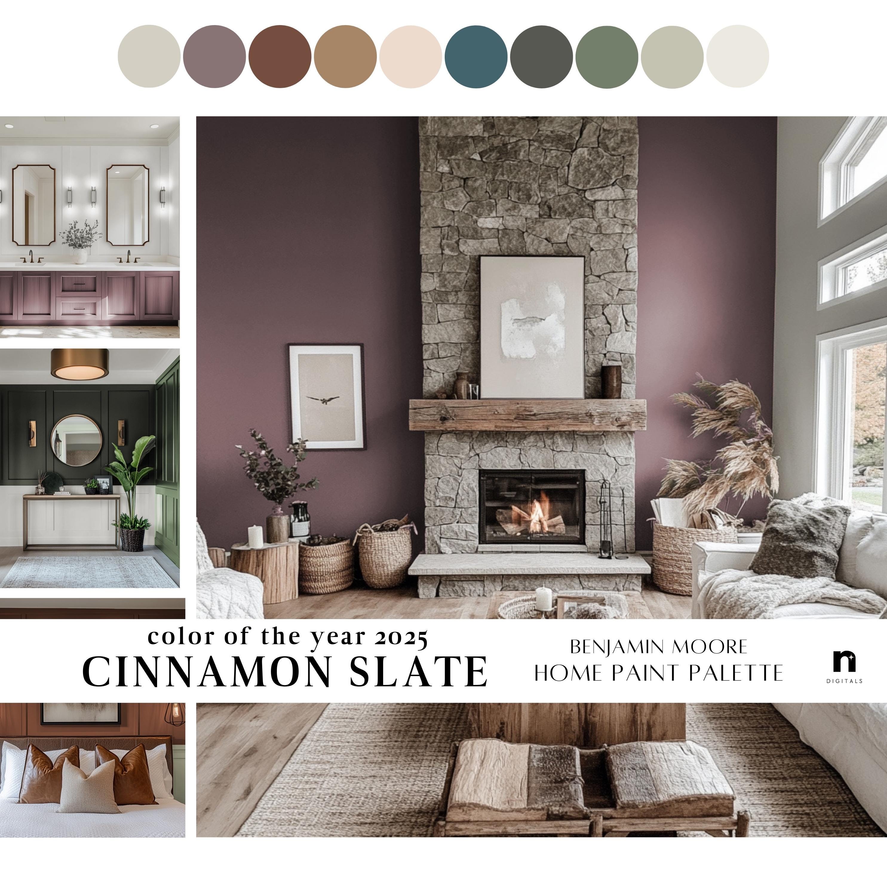 Color of the year 2025 CINNAMON SLATE Benjamin Moore home color palette, whole house paint scheme, plum brown interior paint palette bm 2025