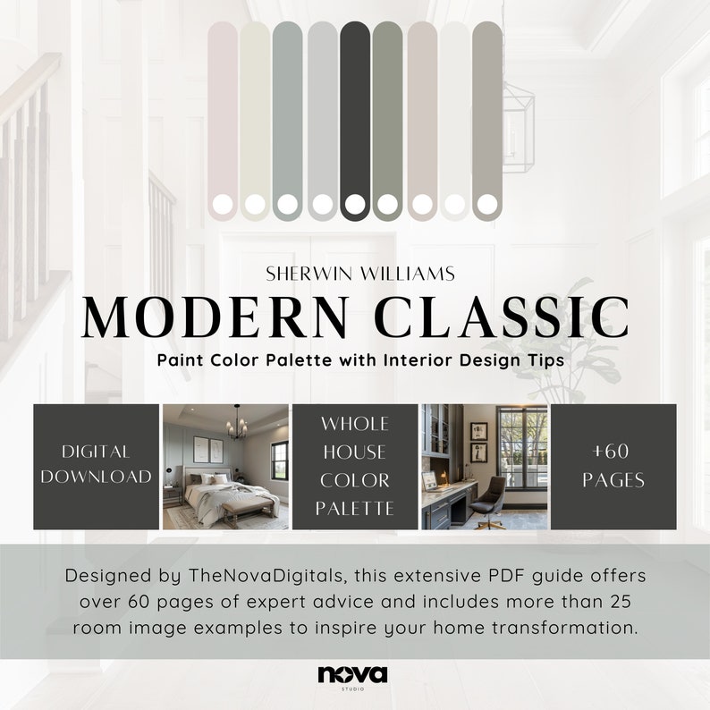 K&ouml;nnte beinhalten: Ein digitaler Download-Leitfaden f&uuml;r eine moderne klassische Farbpalette mit &uuml;ber 60 Seiten Expertenrat und Innendesign-Tipps. Der Leitfaden enth&auml;lt Raumbeispiele von Sherwin Williams.