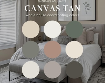 Sherwin Williams CANVAS TAN home paint palette guide, whole house color schemes, modern interior design style consultation muted earthy hues