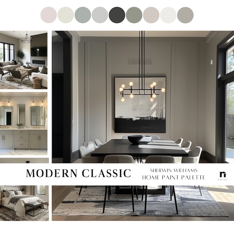 K&ouml;nnte beinhalten: Ein Inspiration Board f&uuml;r die moderne Inneneinrichtung mit einer Farbpalette aus Grau, Wei&szlig; und Schwarz. Das Board zeigt Bilder eines Wohnzimmers, eines Esszimmers, eines Badezimmers und eines Schlafzimmers. Der Text "MODERN CLASSIC SHERWIN WILLIAMS HOME PAINT PALETTE" ist auf dem Board zu sehen.
