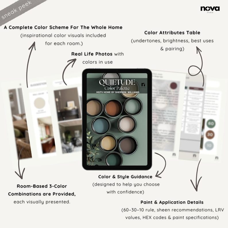 Color del año 2025 QUIETUDE HGTV Paleta de colores Sherwin Williams Home Esquema de pintura para toda la casa Interior tranquilo y sereno Mejor color de pintura 2025 imagen 8