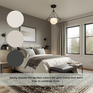 K&ouml;nnte beinhalten: Eine Schlafzimmer-Innenraumdesign-Inspiration mit einem wei&szlig;en Bett und einer schwarzen Lederbank am Fu&szlig;ende des Bettes. Die W&auml;nde sind in einem hellen Grau gestrichen und der Raum verf&uuml;gt &uuml;ber eine schwarze Pendelleuchte mit einer wei&szlig;en Kugel. Das Bild enth&auml;lt eine Farbpalette aus Wei&szlig;, Hellgrau und Schwarz.