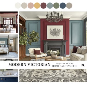 May include: A modern Victorian home interior design inspiration board with a color palette featuring a deep red, teal blue, and a light gray. The board includes images of a living room with a fireplace, a bedroom, a dining room, and a bathroom.