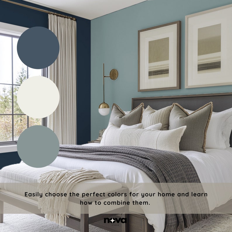 May include: A bedroom interior design inspiration featuring a bed with white bedding and a gray throw blanket. The wall is painted a light blue color and features two framed prints. The image also includes a color palette of three shades of blue and white.