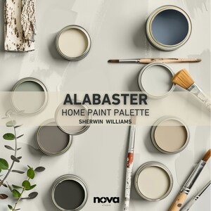 May include: Alabaster Home Paint Palette by Sherwin Williams.  The palette features 9 paint colors in various shades of gray, beige, and white.  The paint cans are arranged in a circle on a gray background.