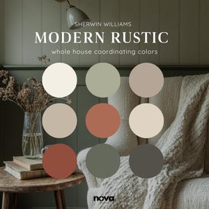 Może przedstawiać: Obraz prezentujący paletę kolorów "Modern Rustic" firmy Sherwin Williams. Projekt zawiera dziewięć okrągłych próbek farb w różnych neutralnych odcieniach, w tym beżu, zieleni i terakoty. Tekst brzmi "whole house coordinating colors".