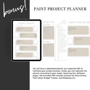 Puede incluir: Un planificador digital para proyectos de pintura. El planificador incluye secciones para la elecci&oacute;n de la pintura, ideas de pintura, seguimiento del presupuesto y una lista de compras.