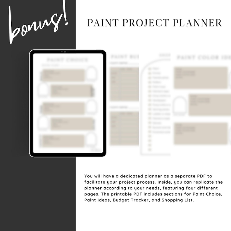 Puede incluir: Un planificador digital para proyectos de pintura. El planificador incluye secciones para la elecci&oacute;n de la pintura, ideas de pintura, seguimiento del presupuesto y una lista de compras.