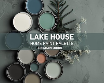 Lake House Home Paint Palette, Benjamin Moore Whole Home Color Scheme, Lake House Interior Paint, Modern Coastal House Colors, Coastal Style