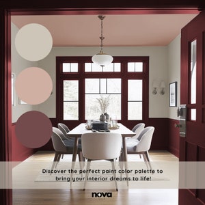 May include: A dining room with a large window and a wooden table with six chairs. The walls are painted in four different shades of pink and white. The text "Discover the perfect paint color palette to bring your interior dreams to life!" is displayed below the table. The logo "nova studios" is displayed below the text.