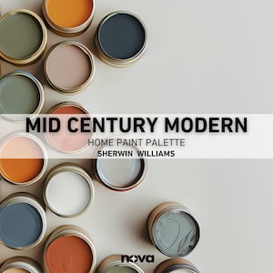 Sherwin Williams Mid Century Modern Home color palette, whole house color scheme, mid-century inspired interior paint colors 2025 trends