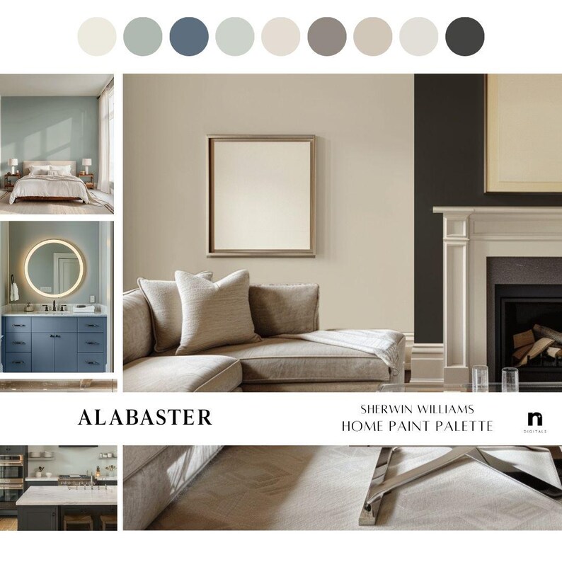Alabaster Sherwin Williams Inspired Whole House Color Palette, Interior Designer Curated Digital Modern Home Paint Palette, Neutral Tones image 2