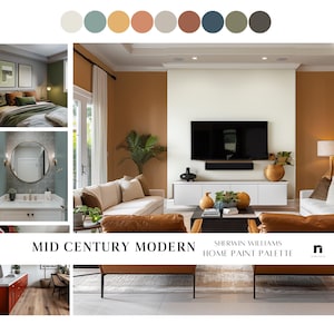 MID CENTURY MODERN Sherwin Williams Home paint color scheme, whole house color palette, interior paint coordinating colors mid-century idea