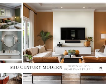 Mid-Century Modern Sherwin Williams home paint palette, whole house color scheme with interior design tips, dynamic colorful timeless tones