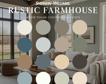 Paleta de colores para toda la casa estilo granja rústica de Sherwin Williams, esquema de pintura moderno y elegante para el hogar de estilo rústico, tonos interiores ricos, profundos y con carácter, con múltiples capas.