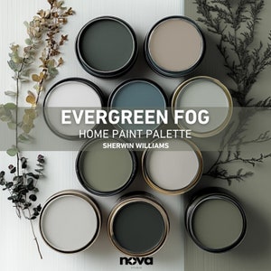 May include: A home paint palette titled "Evergreen Fog" by Sherwin Williams, featuring various shades of green and gray paint in small, open cans. The palette includes colors like sage, teal, and muted green, with the Nova Studio logo at the bottom.