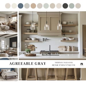AGREEABLE GRAY Sherwin Williams modern timeless home paint palette, whole house color scheme muted neutrals cohesive interior style colours