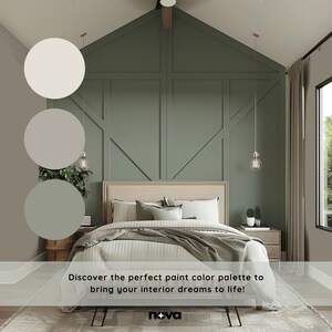K&ouml;nnte beinhalten: Eine Schlafzimmer-Innenraum-Designinspiration mit einem Bett mit einer wei&szlig;en Bettdecke und einer gr&uuml;nen Wolldecke. Die Wand hinter dem Bett ist in einem hellen Gr&uuml;nton gestrichen und verf&uuml;gt &uuml;ber ein Holzpaneel-Design. Das Bild enth&auml;lt eine Farbpalette aus drei Gr&uuml;nt&ouml;nen und zwei Graut&ouml;nen.
