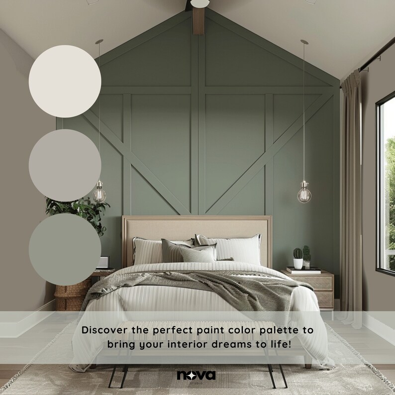K&ouml;nnte beinhalten: Eine Schlafzimmer-Innenraum-Designinspiration mit einem Bett mit einer wei&szlig;en Bettdecke und einer gr&uuml;nen Wolldecke. Die Wand hinter dem Bett ist in einem hellen Gr&uuml;nton gestrichen und verf&uuml;gt &uuml;ber ein Holzpaneel-Design. Das Bild enth&auml;lt eine Farbpalette aus drei Gr&uuml;nt&ouml;nen und zwei Graut&ouml;nen.