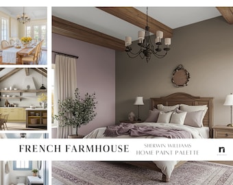 Puede incluir: Un tablero de inspiración para el diseño interior de una casa de campo francesa con una paleta de colores de pintura Sherwin Williams. El tablero incluye imágenes de un comedor, una cocina, un dormitorio y un baño.